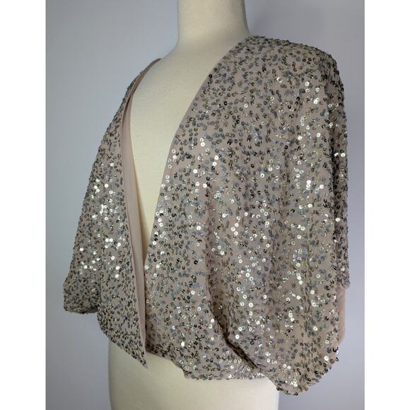 Halogen Open Front Neutral Gold Sequin Cardigan Shrug Women's Size Large P - Picture 4 of 9